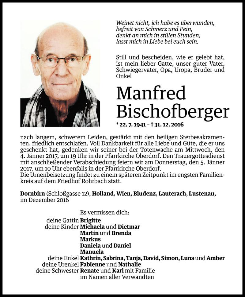  Todesanzeige für Manfred Bischofberger vom 02.01.2017 aus Vorarlberger Nachrichten