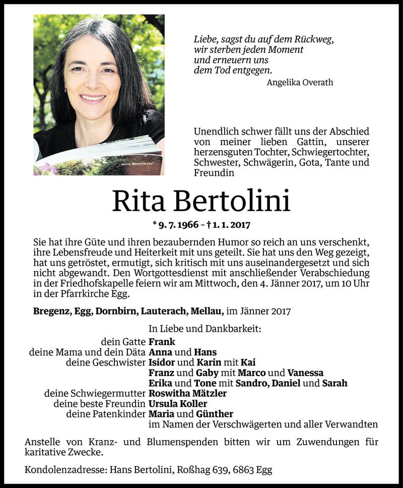  Todesanzeige für Rita Bertolini vom 02.01.2017 aus Vorarlberger Nachrichten