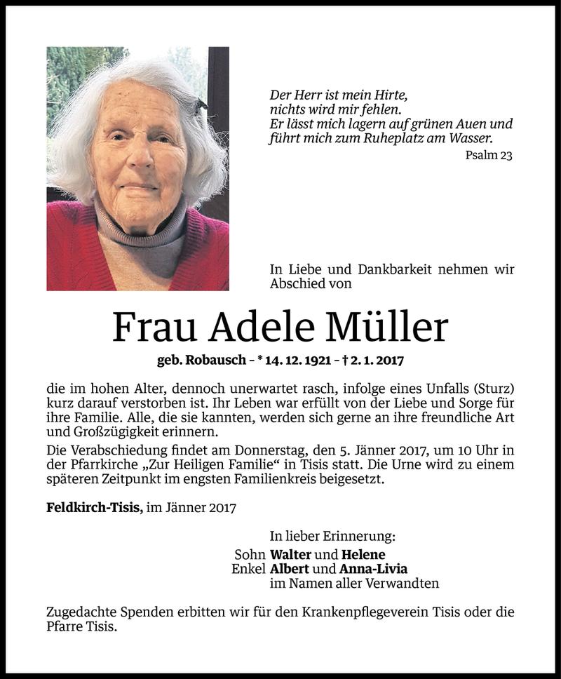  Todesanzeige für Adele Müller vom 03.01.2017 aus Vorarlberger Nachrichten
