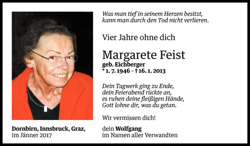  Todesanzeige für Margarete Feist vom 15.01.2017 aus Vorarlberger Nachrichten