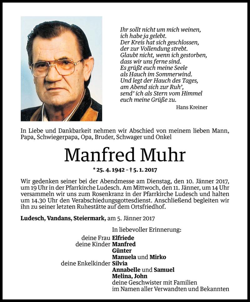  Todesanzeige für Manfred Muhr vom 08.01.2017 aus Vorarlberger Nachrichten