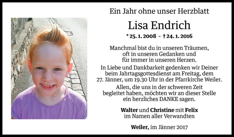  Todesanzeige für Lisa Endrich vom 21.01.2017 aus Vorarlberger Nachrichten