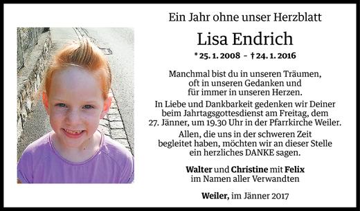 Todesanzeige von Lisa Endrich von Vorarlberger Nachrichten
