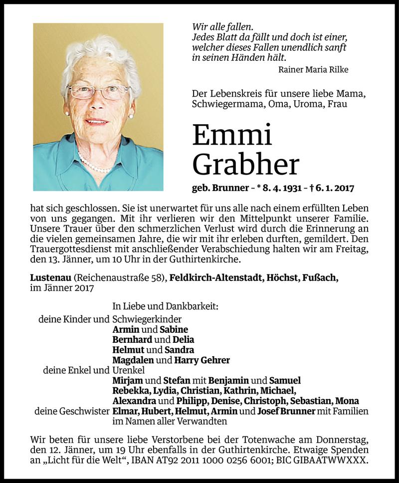  Todesanzeige für Emmi Grabher vom 10.01.2017 aus Vorarlberger Nachrichten