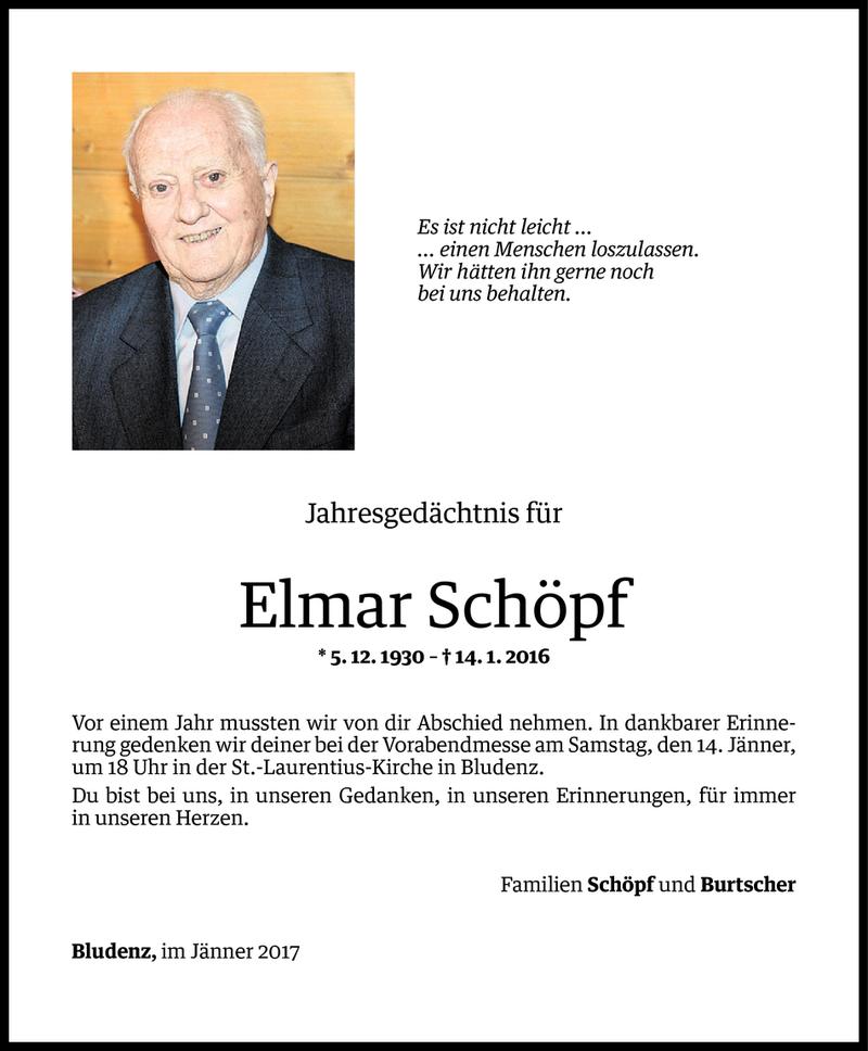  Todesanzeige für Elmar Schöpf vom 11.01.2017 aus Vorarlberger Nachrichten