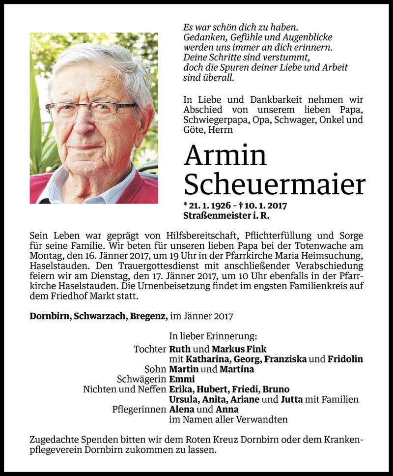  Todesanzeige für Armin Scheuermaier vom 12.01.2017 aus Vorarlberger Nachrichten