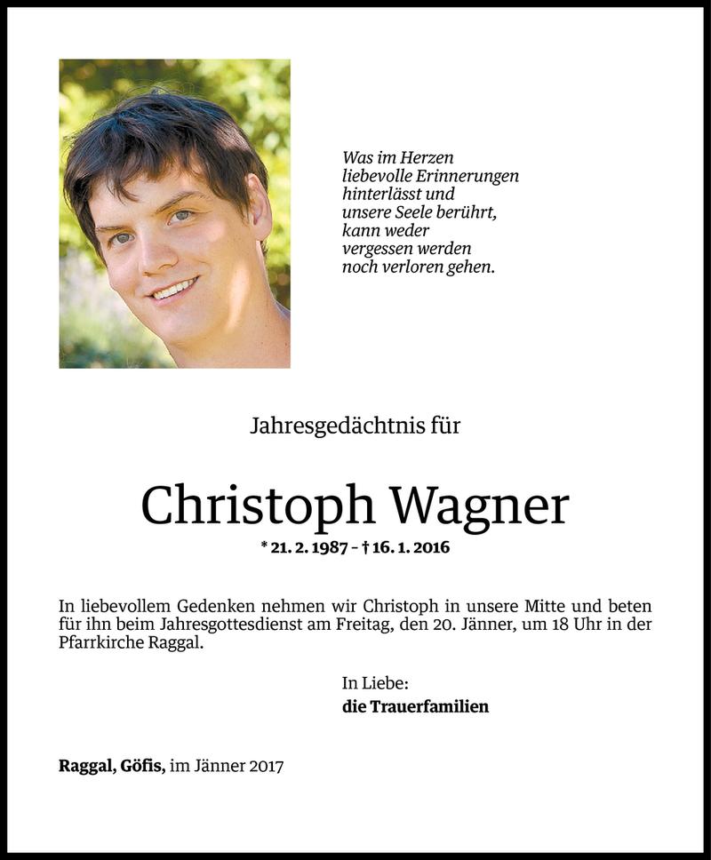  Todesanzeige für Christoph Wagner vom 15.01.2017 aus Vorarlberger Nachrichten