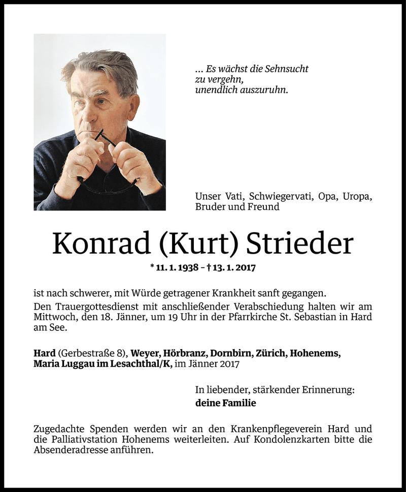  Todesanzeige für Konrad (Kurt) Strieder vom 15.01.2017 aus Vorarlberger Nachrichten