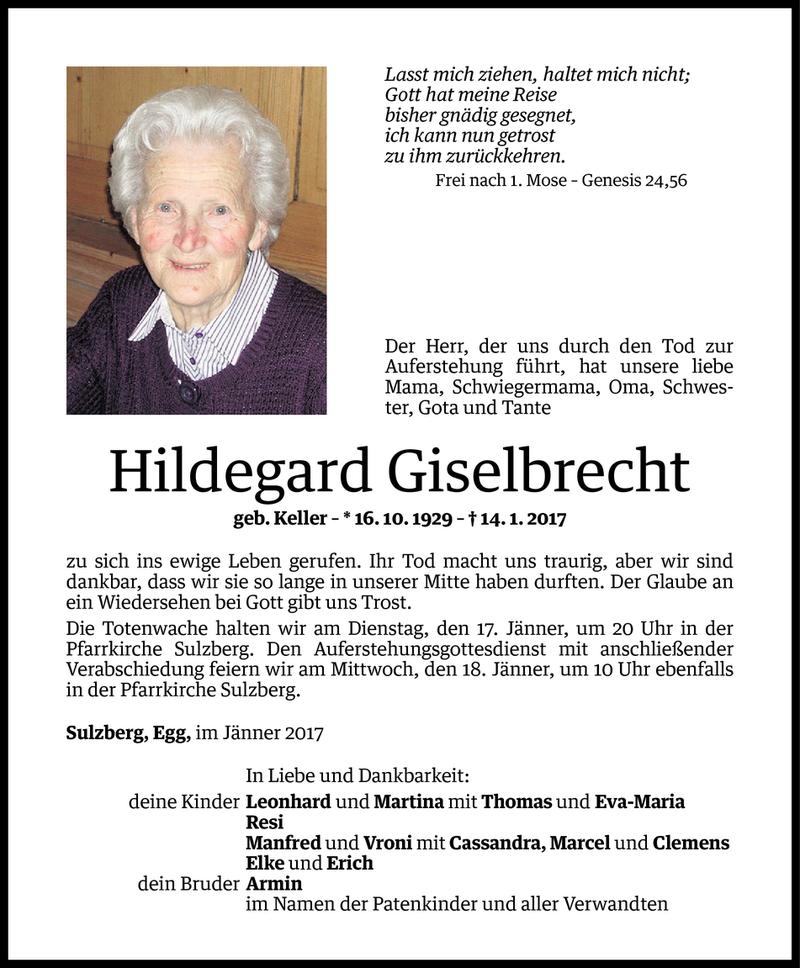  Todesanzeige für Hildegard Giselbrecht vom 16.01.2017 aus Vorarlberger Nachrichten