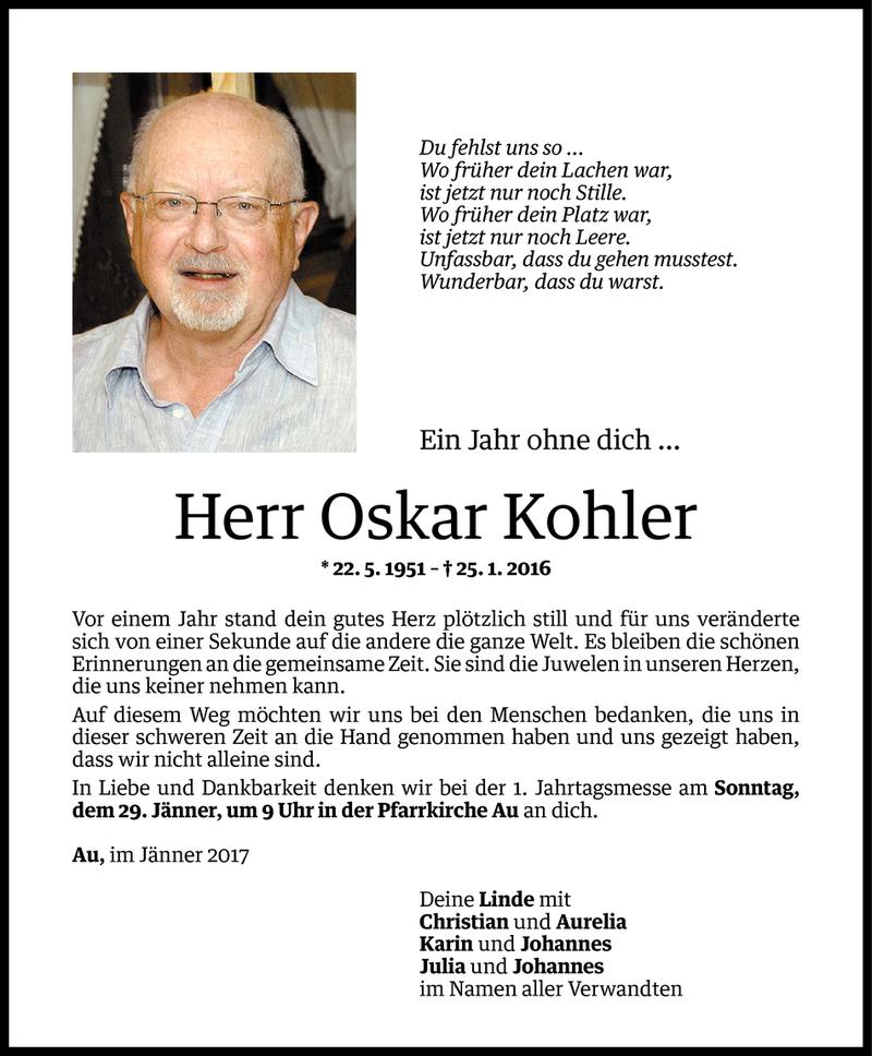  Todesanzeige für Oskar Kohler vom 24.01.2017 aus Vorarlberger Nachrichten
