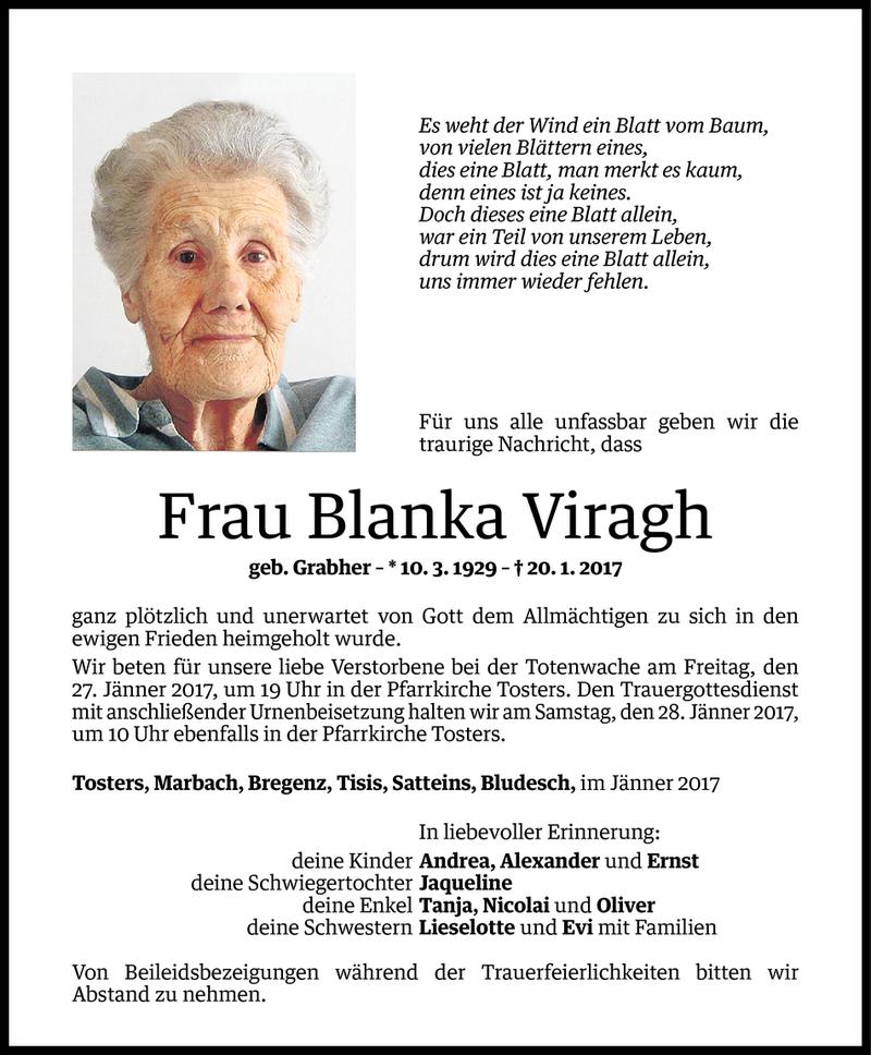  Todesanzeige für Blanka Viragh vom 24.01.2017 aus Vorarlberger Nachrichten