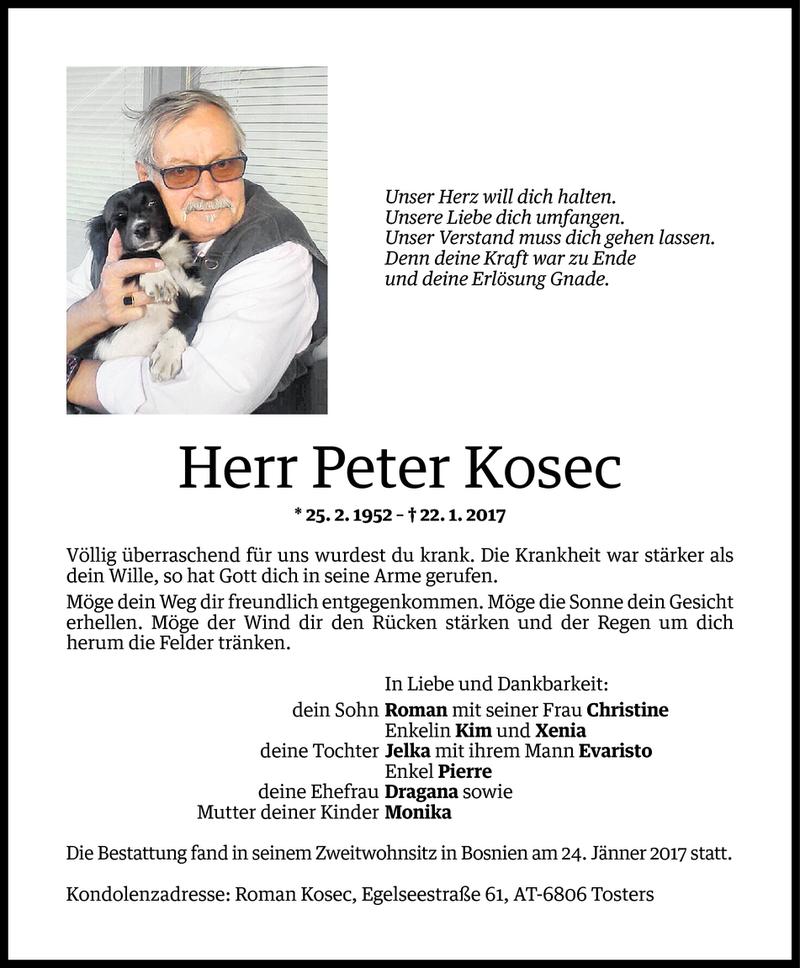  Todesanzeige für Peter Kosec vom 25.01.2017 aus Vorarlberger Nachrichten