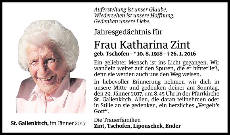  Todesanzeige für Katharina Zint vom 26.01.2017 aus Vorarlberger Nachrichten