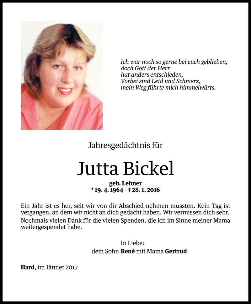  Todesanzeige für Jutta Bickel vom 27.01.2017 aus Vorarlberger Nachrichten