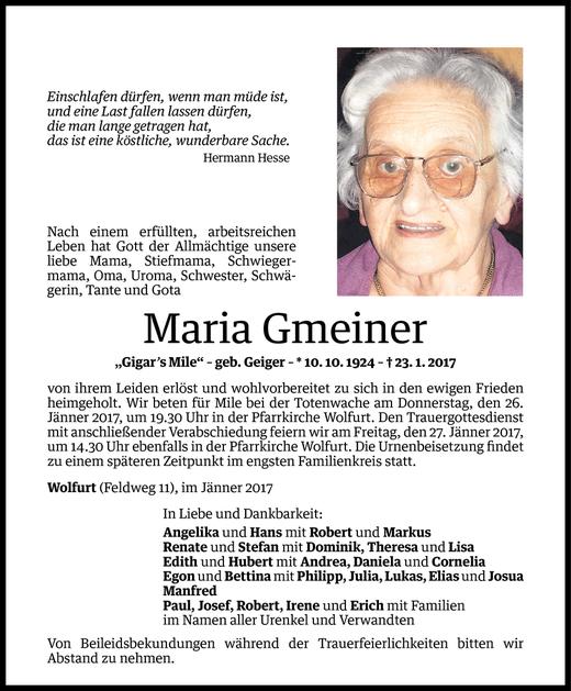 Todesanzeige von Maria Gmeiner von Vorarlberger Nachrichten