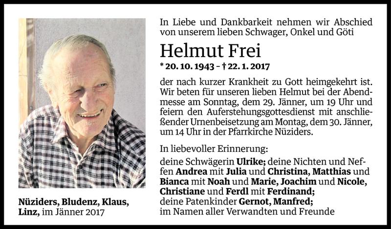  Todesanzeige für Helmut Frei vom 27.01.2017 aus Vorarlberger Nachrichten