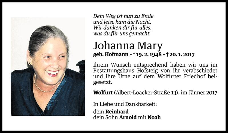  Todesanzeige für Johanna Mary vom 26.01.2017 aus Vorarlberger Nachrichten