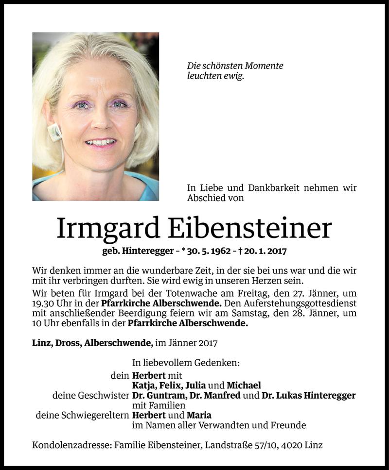  Todesanzeige für Irmgard Eibensteiner vom 25.01.2017 aus Vorarlberger Nachrichten