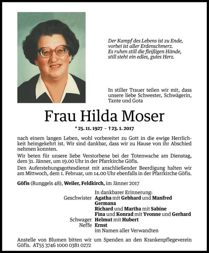  Todesanzeige für Hilda Moser vom 27.01.2017 aus Vorarlberger Nachrichten