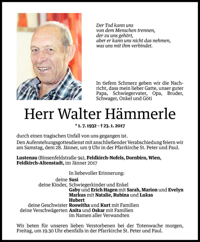  Todesanzeige für Walter Hämmerle vom 25.01.2017 aus Vorarlberger Nachrichten