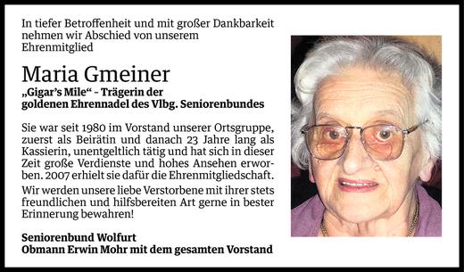 Todesanzeige von Maria Gmeiner von Vorarlberger Nachrichten