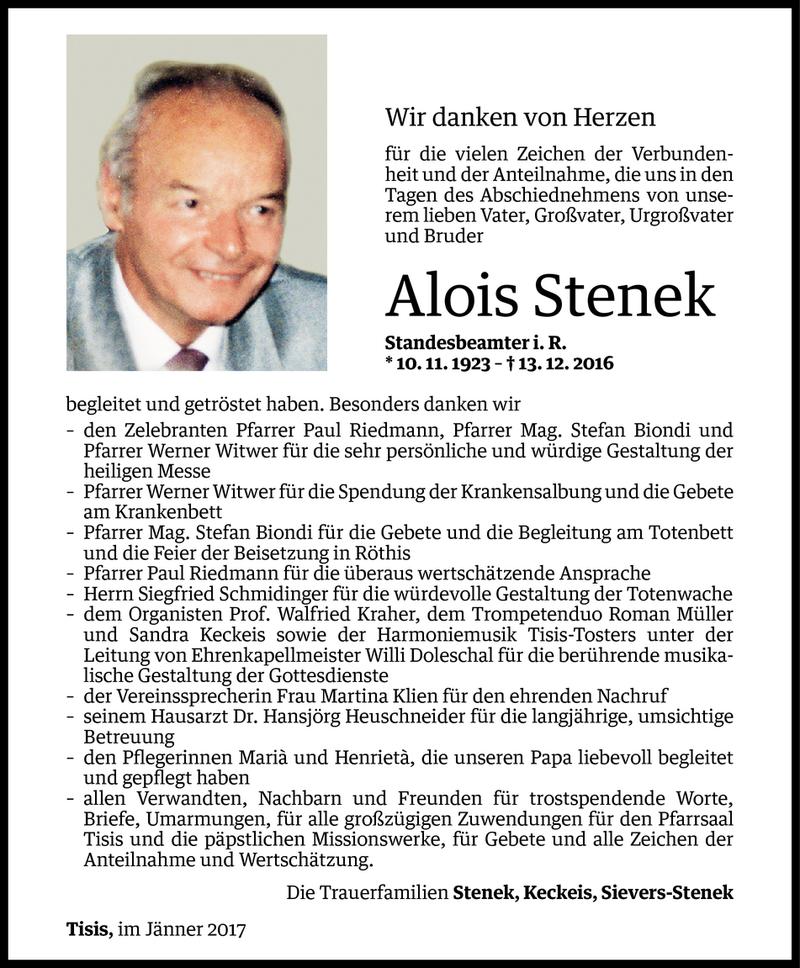  Todesanzeige für Alois Stenek vom 27.01.2017 aus Vorarlberger Nachrichten