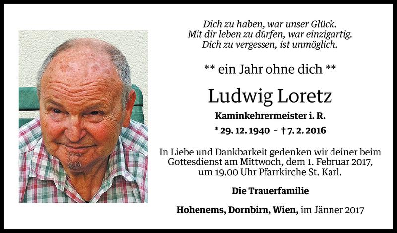  Todesanzeige für Ludwig Loretz vom 30.01.2017 aus Vorarlberger Nachrichten