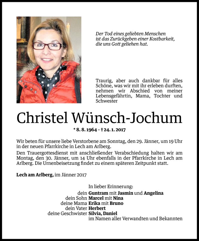  Todesanzeige für Christel Jochum-Wünsch vom 27.01.2017 aus Vorarlberger Nachrichten