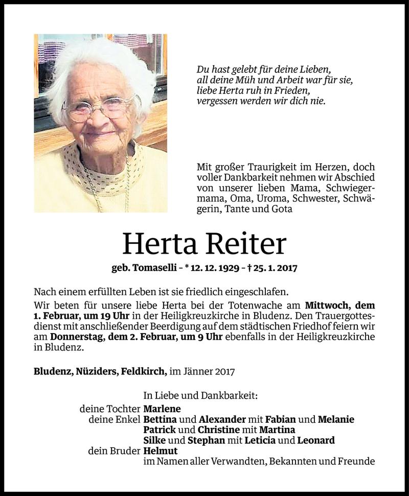  Todesanzeige für Herta Reiter vom 28.01.2017 aus Vorarlberger Nachrichten