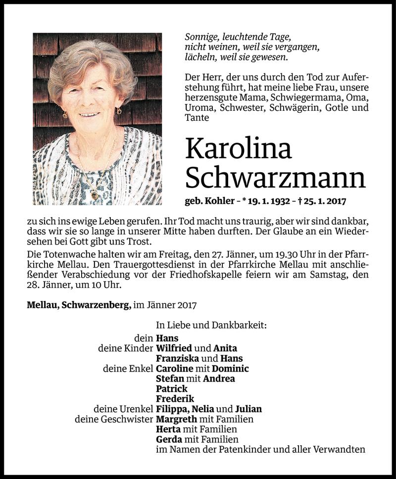  Todesanzeige für Karolina Schwarzmann vom 26.01.2017 aus Vorarlberger Nachrichten