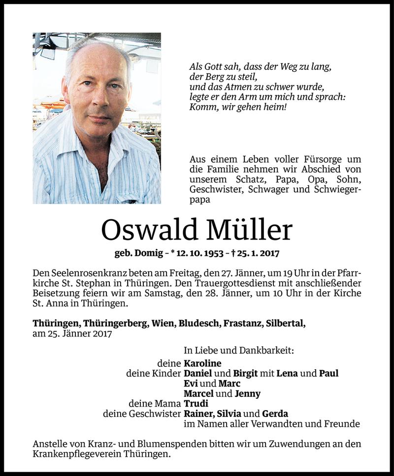  Todesanzeige für Oswald Müller vom 26.01.2017 aus Vorarlberger Nachrichten