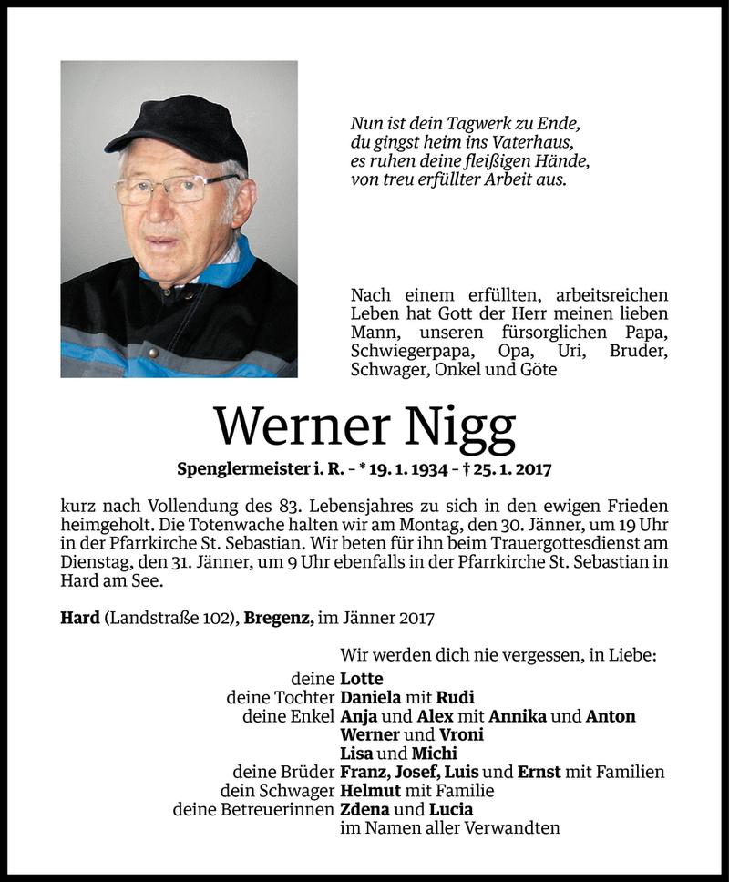  Todesanzeige für Werner Nigg vom 27.01.2017 aus Vorarlberger Nachrichten