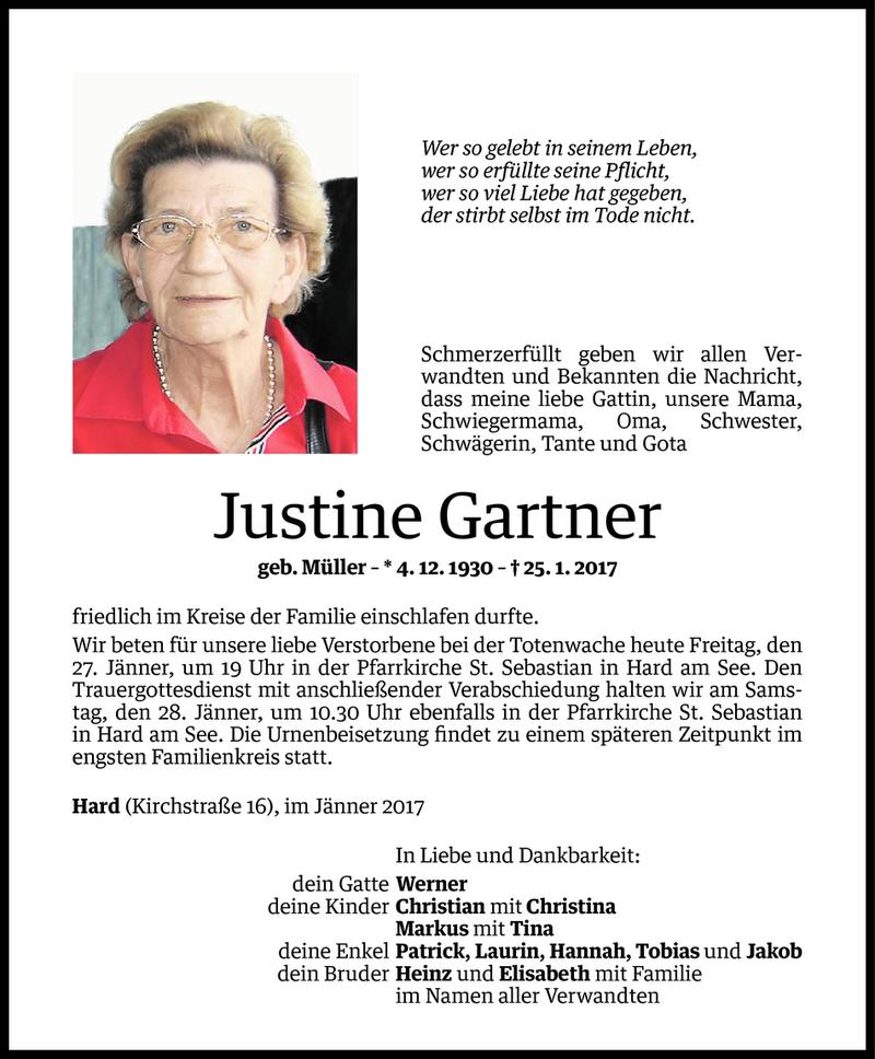  Todesanzeige für Justine Gartner vom 26.01.2017 aus Vorarlberger Nachrichten