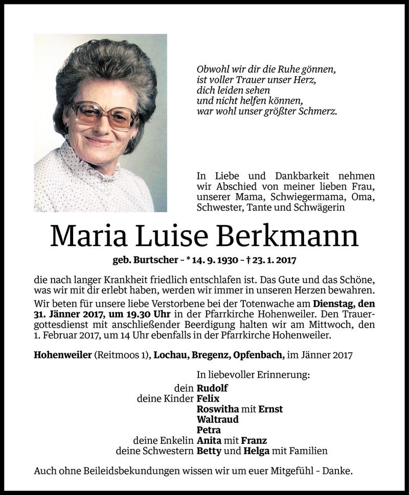  Todesanzeige für Maria Luise Berkmann vom 27.01.2017 aus Vorarlberger Nachrichten