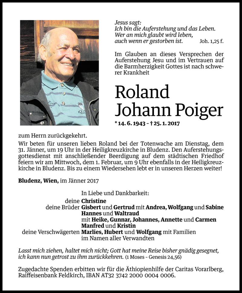  Todesanzeige für Roland Johann Poiger vom 28.01.2017 aus Vorarlberger Nachrichten