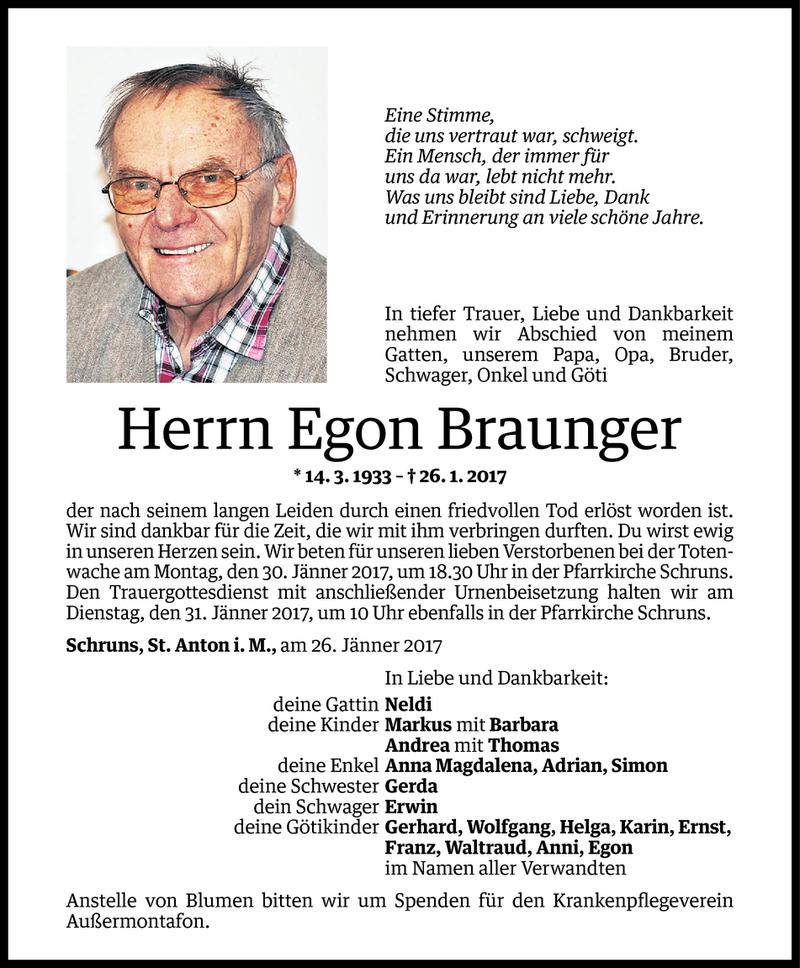  Todesanzeige für Egon Braunger vom 27.01.2017 aus Vorarlberger Nachrichten