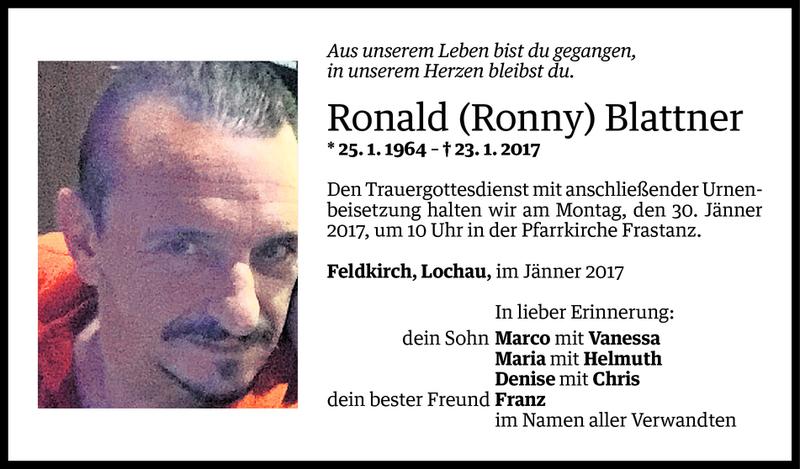  Todesanzeige für Ronald Blattner vom 27.01.2017 aus Vorarlberger Nachrichten