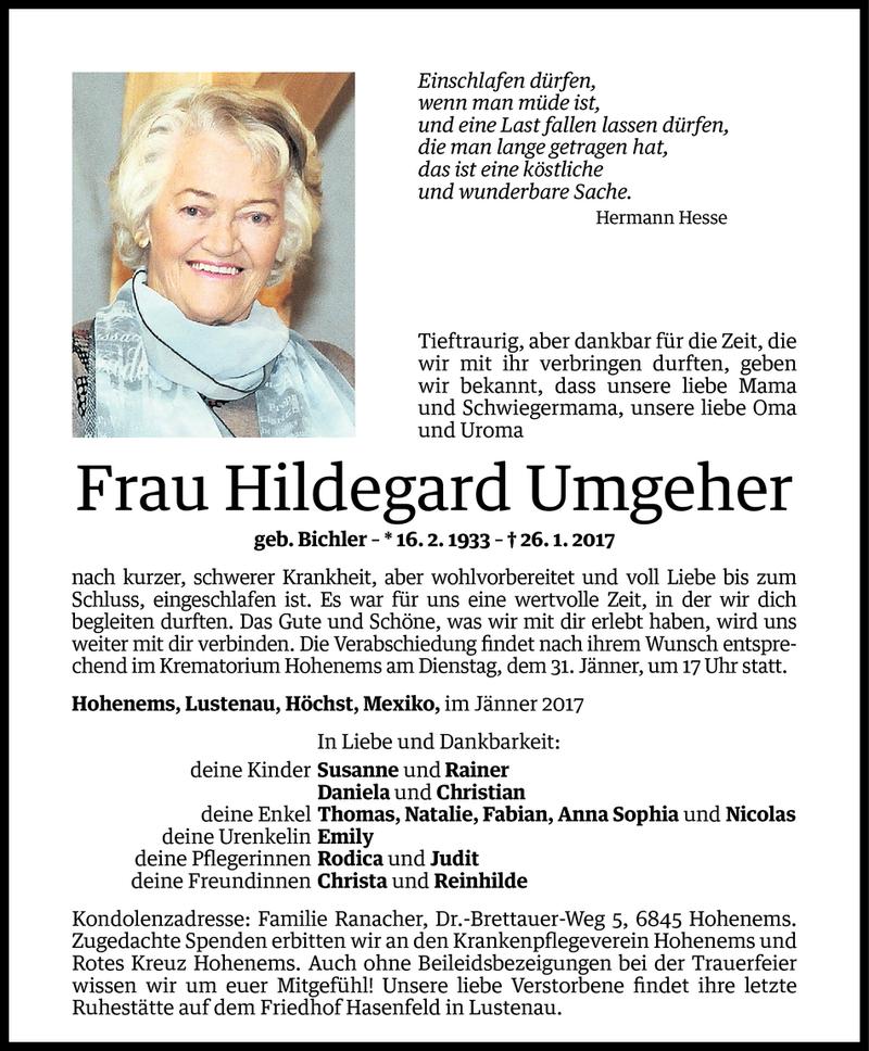  Todesanzeige für Hildegard Umgeher vom 27.01.2017 aus Vorarlberger Nachrichten