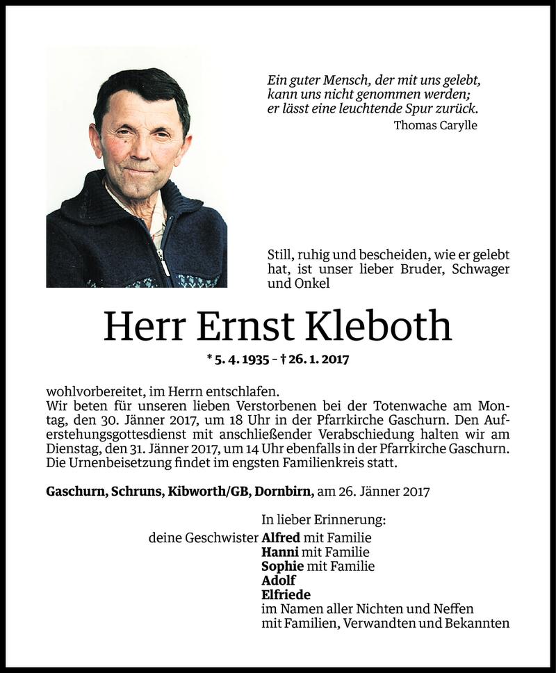  Todesanzeige für Ernst Kleboth vom 28.01.2017 aus Vorarlberger Nachrichten
