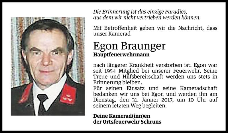  Todesanzeige für Egon Braunger vom 27.01.2017 aus Vorarlberger Nachrichten