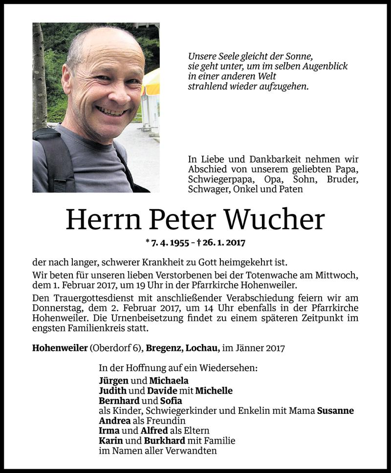  Todesanzeige für Peter Wucher vom 27.01.2017 aus Vorarlberger Nachrichten