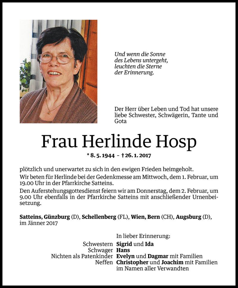  Todesanzeige für Herlinde Hosp vom 30.01.2017 aus Vorarlberger Nachrichten