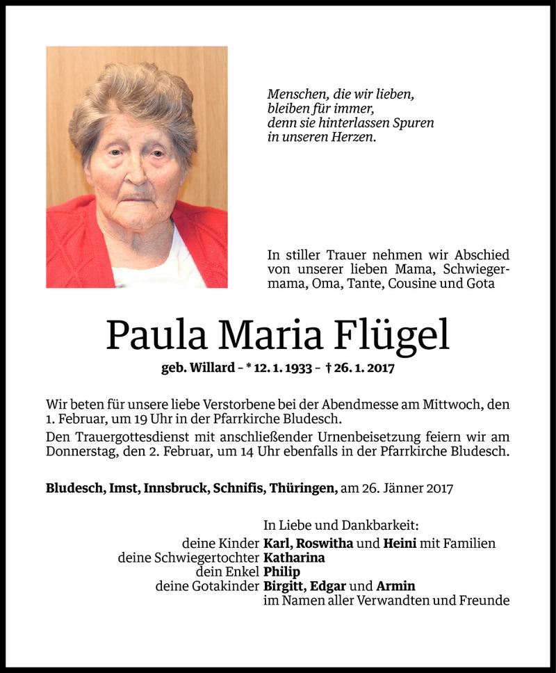  Todesanzeige für Paula Maria Flügel vom 29.01.2017 aus Vorarlberger Nachrichten