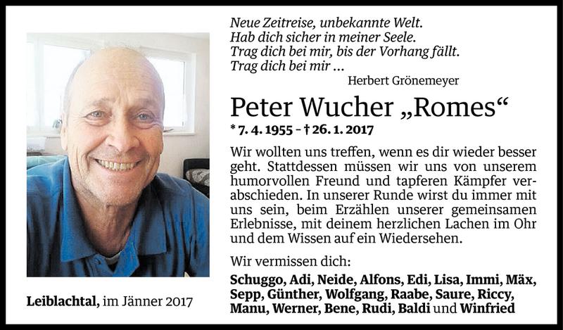  Todesanzeige für Peter Wucher vom 29.01.2017 aus Vorarlberger Nachrichten