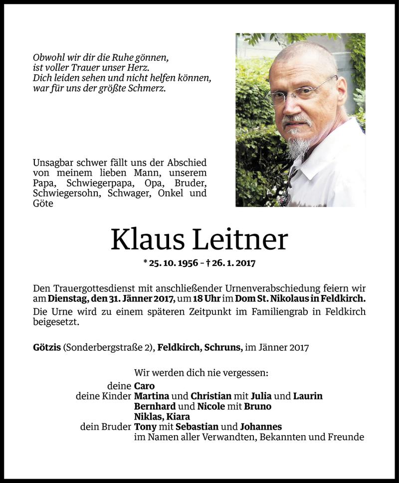  Todesanzeige für Klaus Leitner vom 29.01.2017 aus Vorarlberger Nachrichten