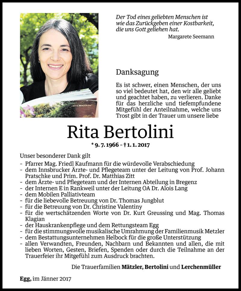  Todesanzeige für Rita Bertolini vom 30.01.2017 aus Vorarlberger Nachrichten