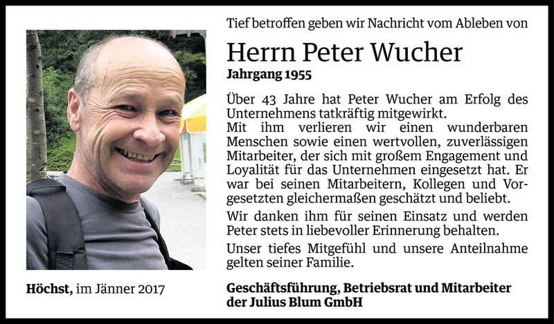  Todesanzeige für Peter Wucher vom 30.01.2017 aus Vorarlberger Nachrichten