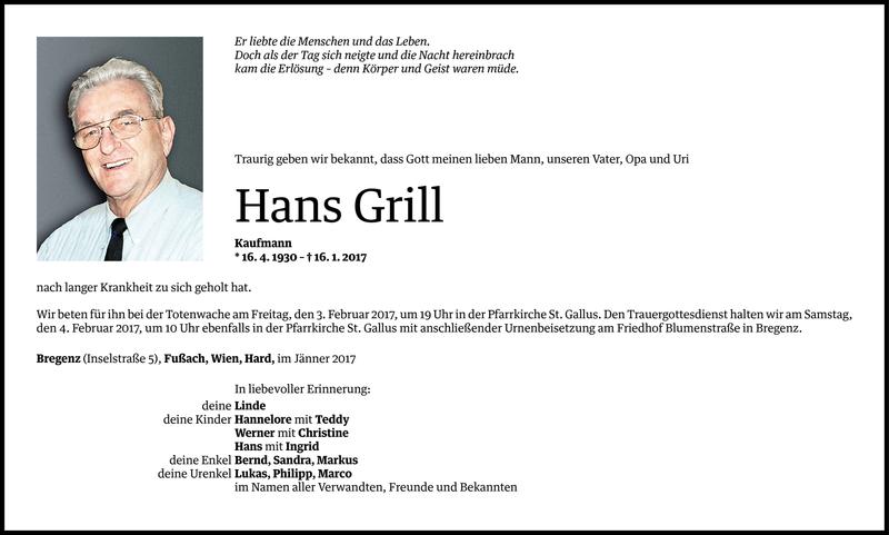  Todesanzeige für Hans Grill vom 31.01.2017 aus Vorarlberger Nachrichten