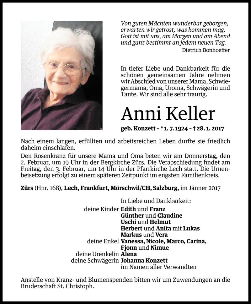  Todesanzeige für Anni Keller vom 01.02.2017 aus Vorarlberger Nachrichten