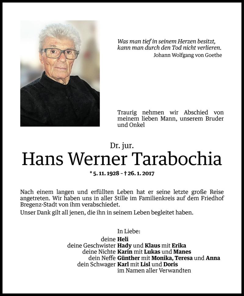  Todesanzeige für Hans Werner Tarabochia vom 04.02.2017 aus Vorarlberger Nachrichten